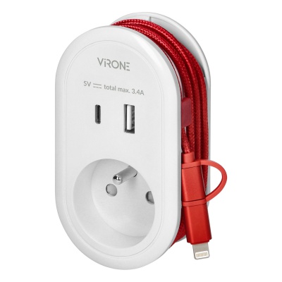 Zásuvka 230V s USB + USB-C nabíjačkou a kablom USB-C + lightning Zásuvka 230V s USB + USB-C nabíjačkou a kablom USB-C + lightning
