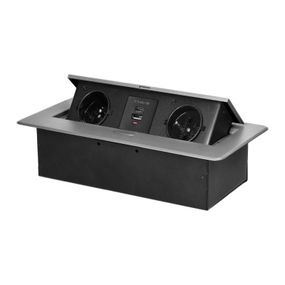 Zásuvkový blok výklopný 2x 230V s USB, strieborný