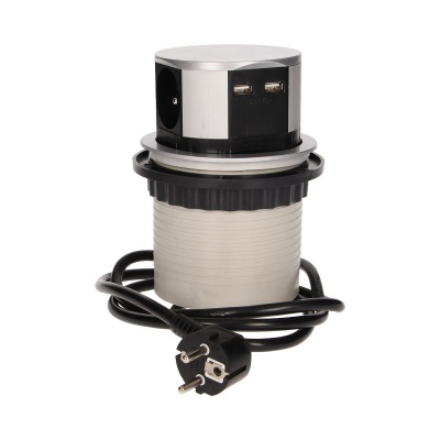 Zásuvkový blok výsuvný 3 x zásuvka 230V + 2 x USB strieborný