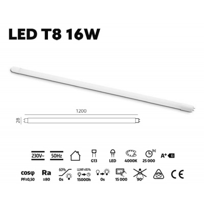 LED trubica T8 16W 4000K 120cm sklenená LED2B