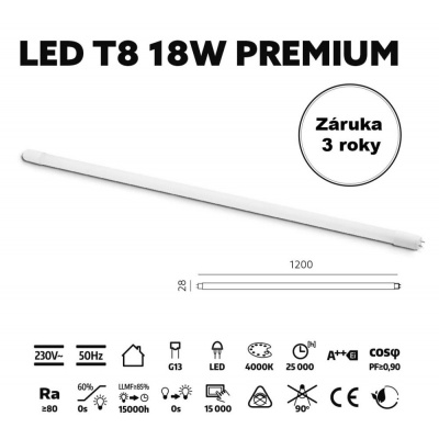 LED trubica T8 18W 4000K 120cm sklenená PREMIUM