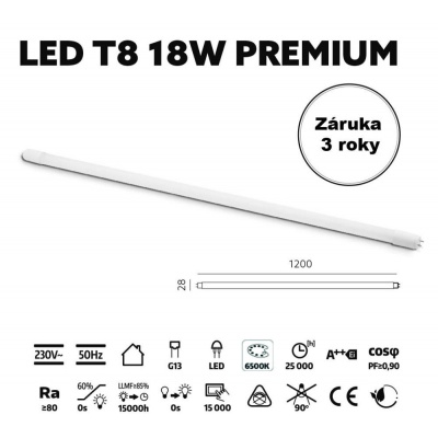 LED trubica T8 18W 6500K 120cm sklenená PREMIUM