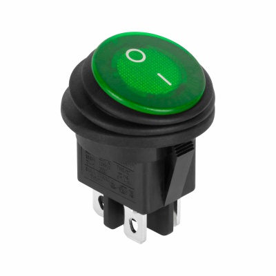Prepínač kolískový okrúhly 230V 4pin IP65 zelený Prepínač kolískový okrúhly 230V 4pin IP65 zelený
