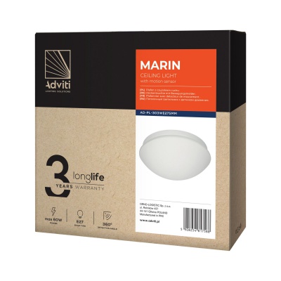 Svietidlo MARIN E27, senzor pohybu, IP20, biele, sklenené