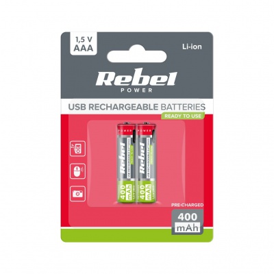 Akumulátory REBEL AAA, 400 mAh, Li-ion, 1,5V, 2ks/bl, R3, USB-C