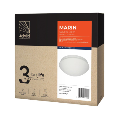Svietidlo MARIN E27, senzor pohybu, IP20, biele, sklenené