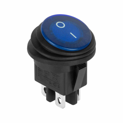 Prepínač kolískový okrúhly 230V 4-pin. IP65 modrý