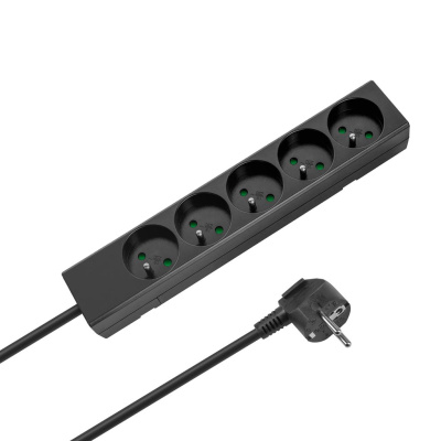 Predlžovací kábel 5 zásuviek, 3m, čierny (3x1,5 mm2) REBEL