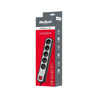 Predlžovací kábel 5 zásuviek, 3m, čierny (3x1,5 mm2) REBEL