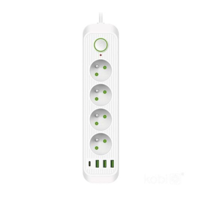 Predlžovací kábel 4x230V s 3xUSB A a 1xUSB C biely 3m